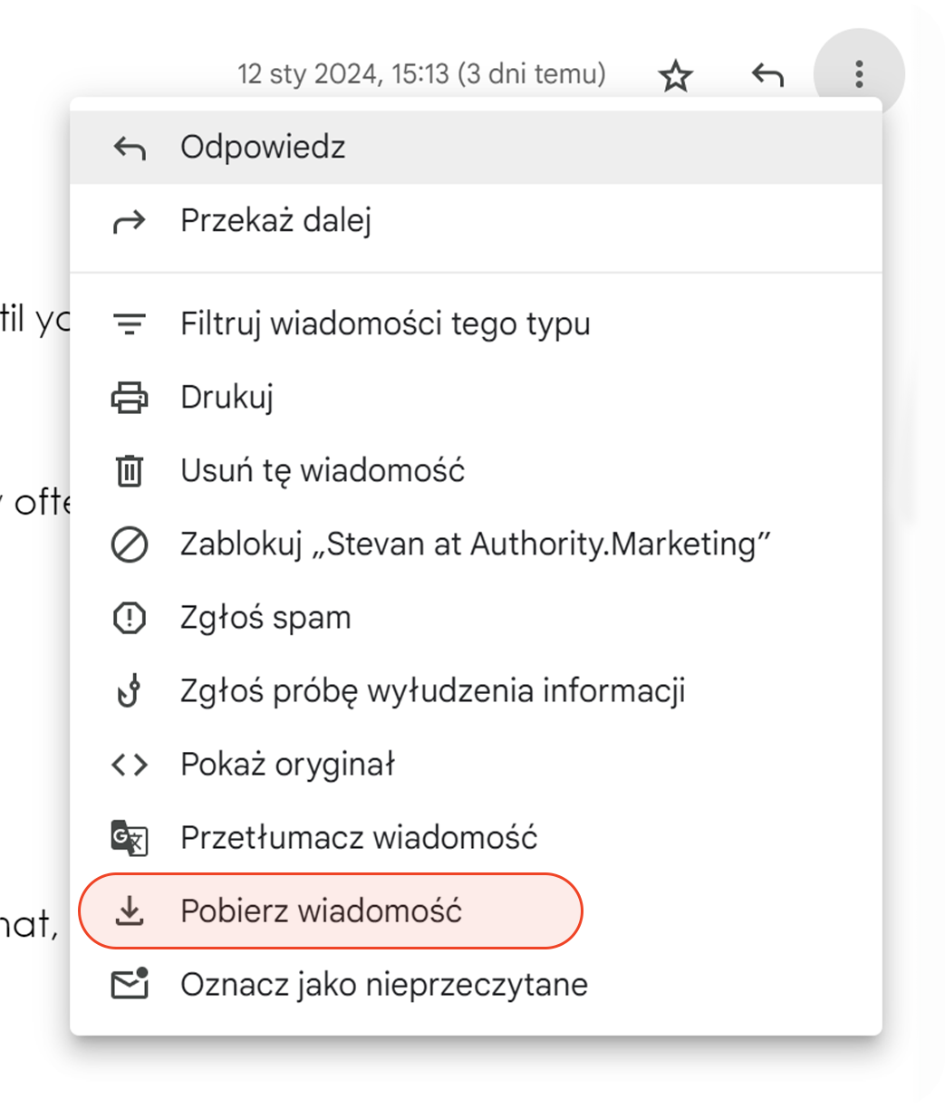 Opcja Pobierz wiadomość w Gmailu
