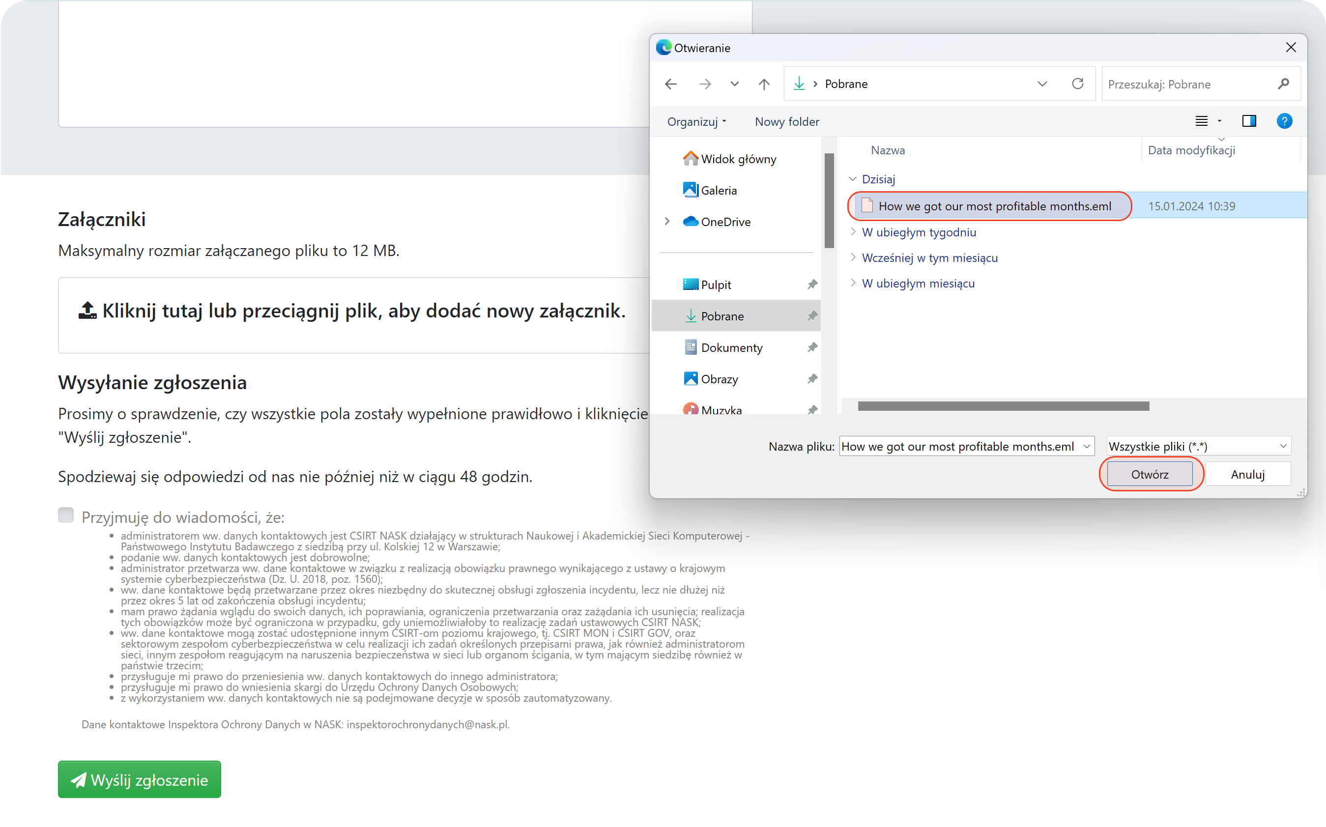 Dołączanie zapisanego pliku do formularza