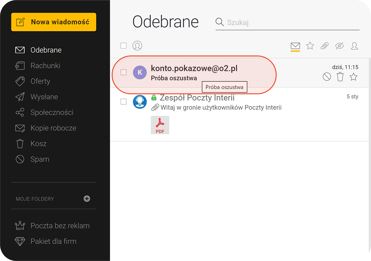 Otwarta wiadomość w poczcie Interia