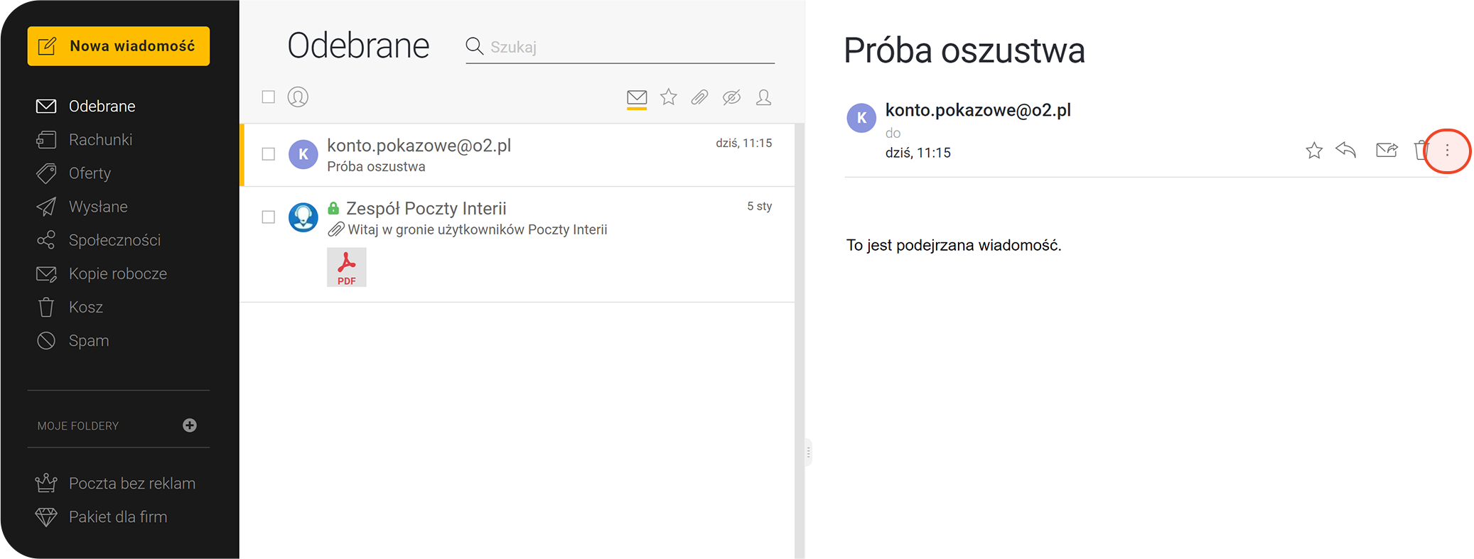 Menu wiadomości w poczcie Interia