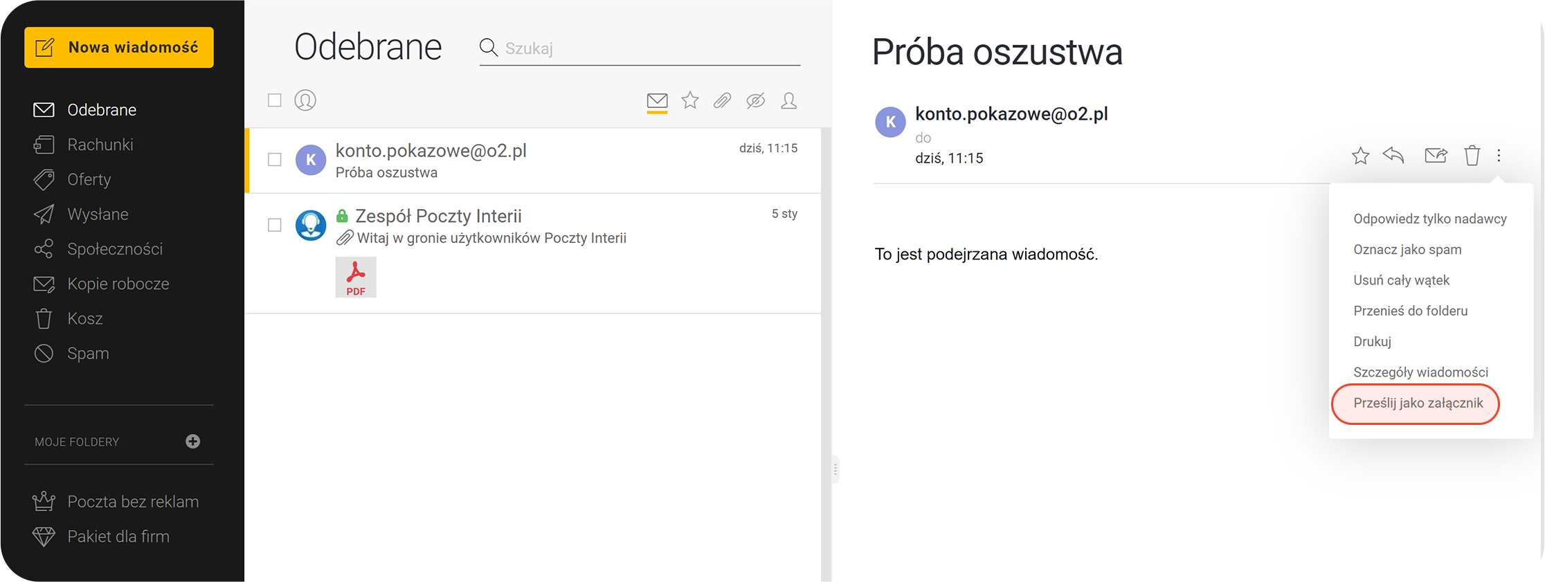 Opcja Prześlij jako załącznik