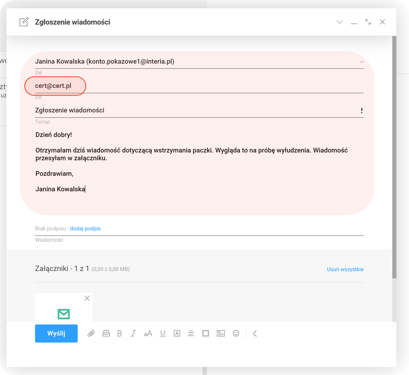 Wiadomość przygotowana do wysłania do CERT Polska