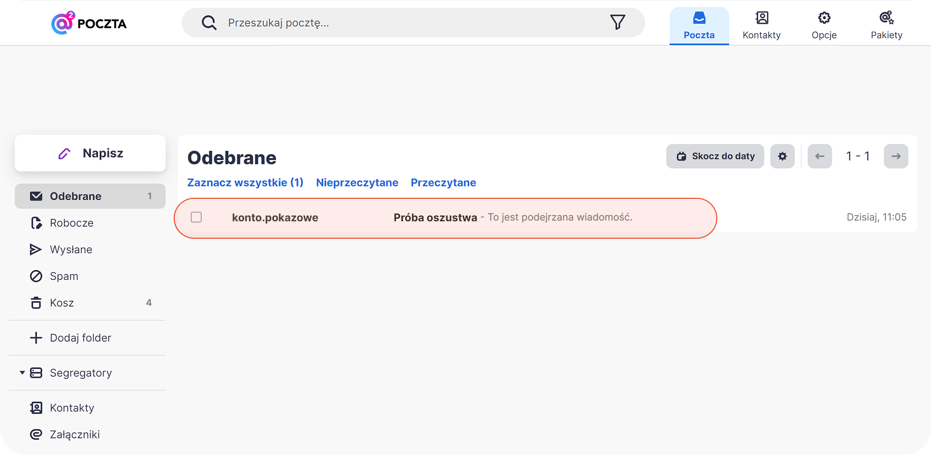 Otwarta wiadomość w poczcie o2