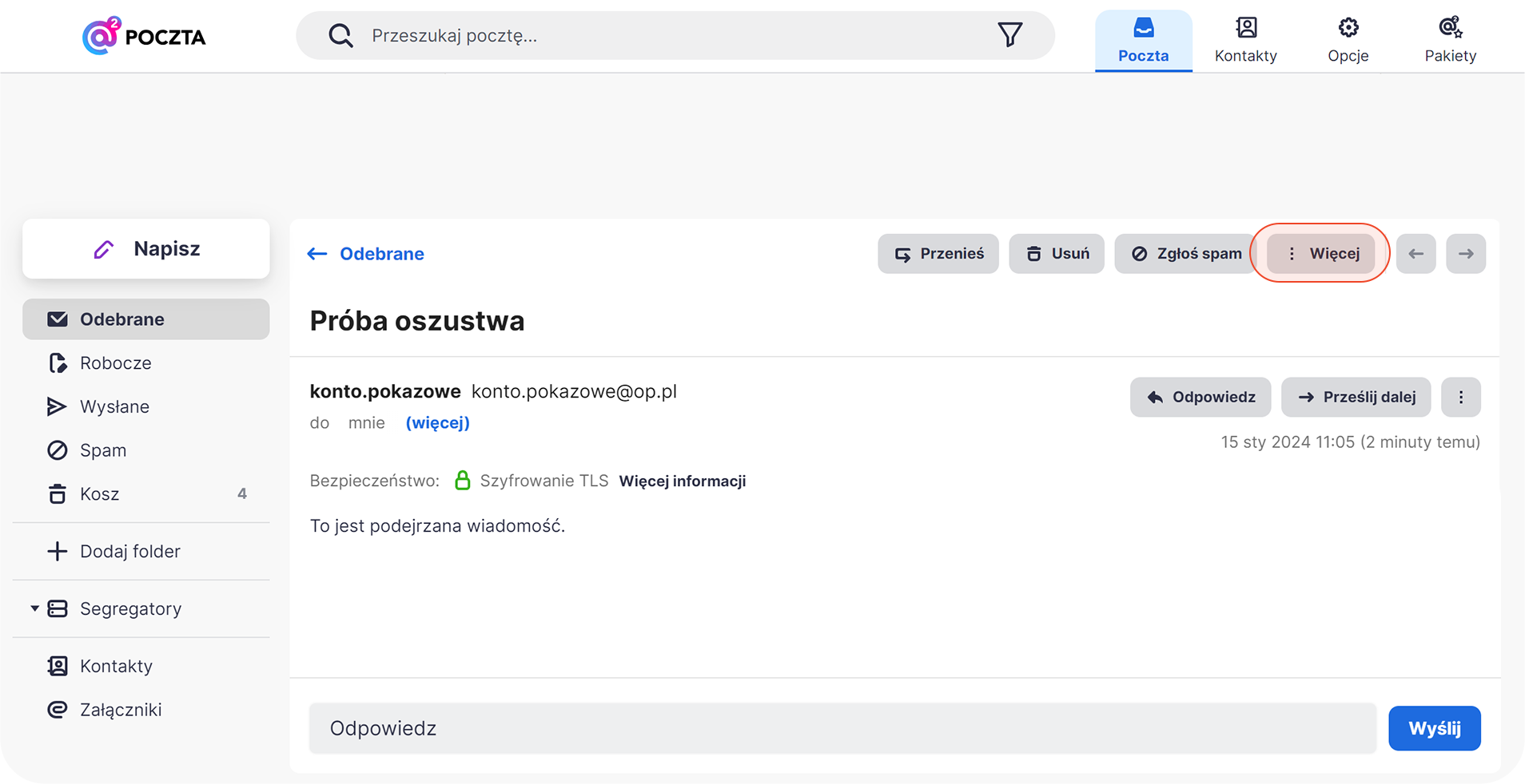 Menu Więcej w poczcie o2