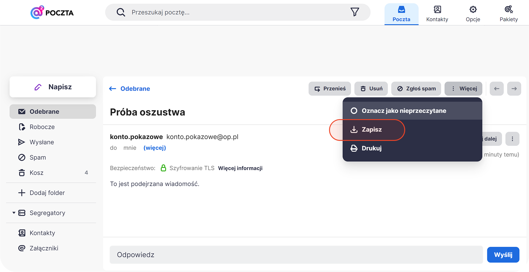 Opcja Zapisz w poczcie o2
