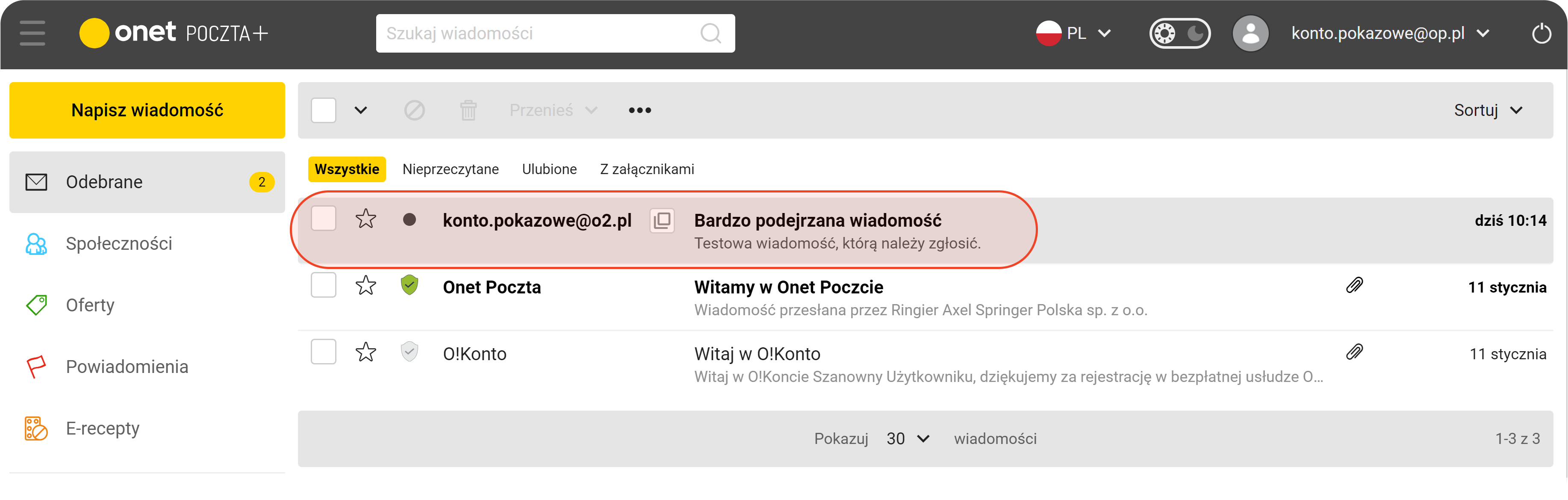 Otwarta wiadomość w poczcie Onet