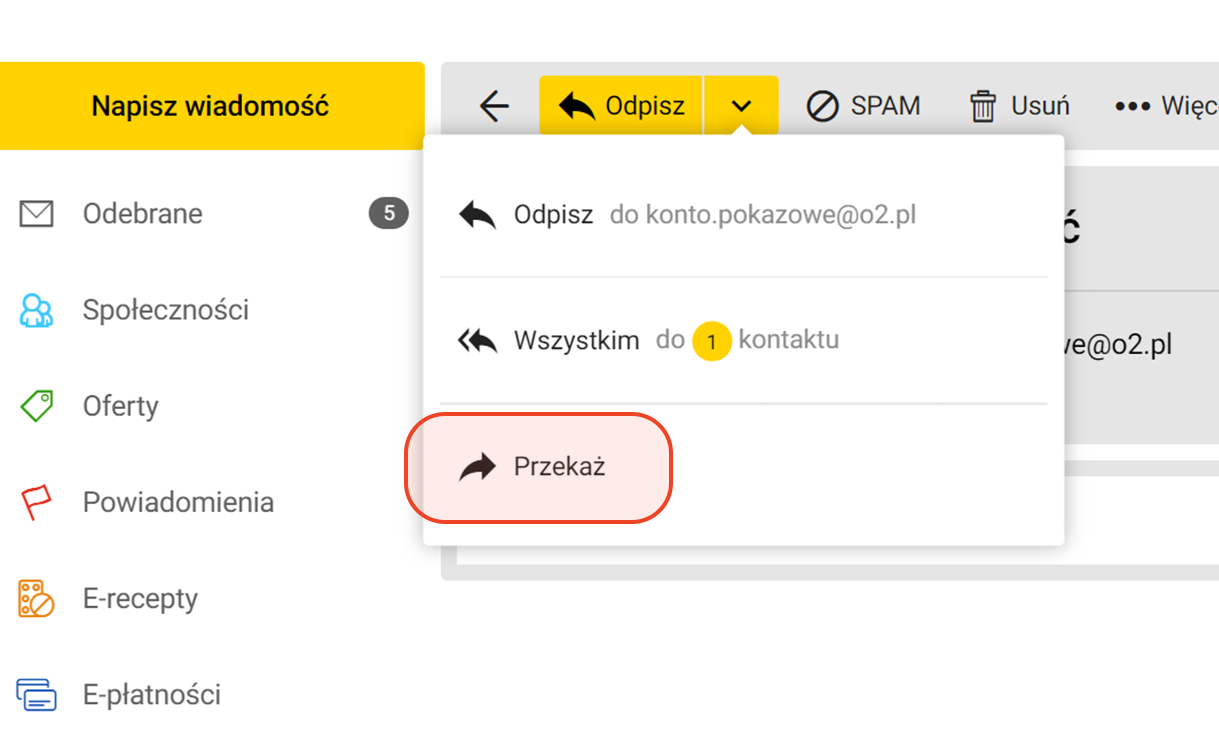 Opcja Przekaż w poczcie Onet