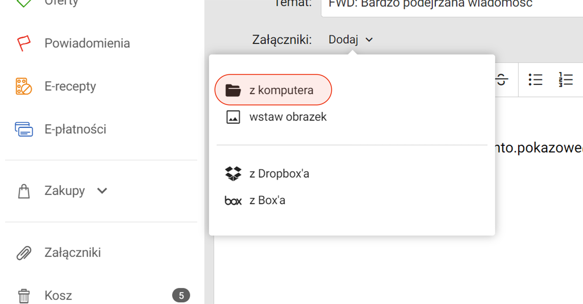 Opcja dodawania załącznika z komputera