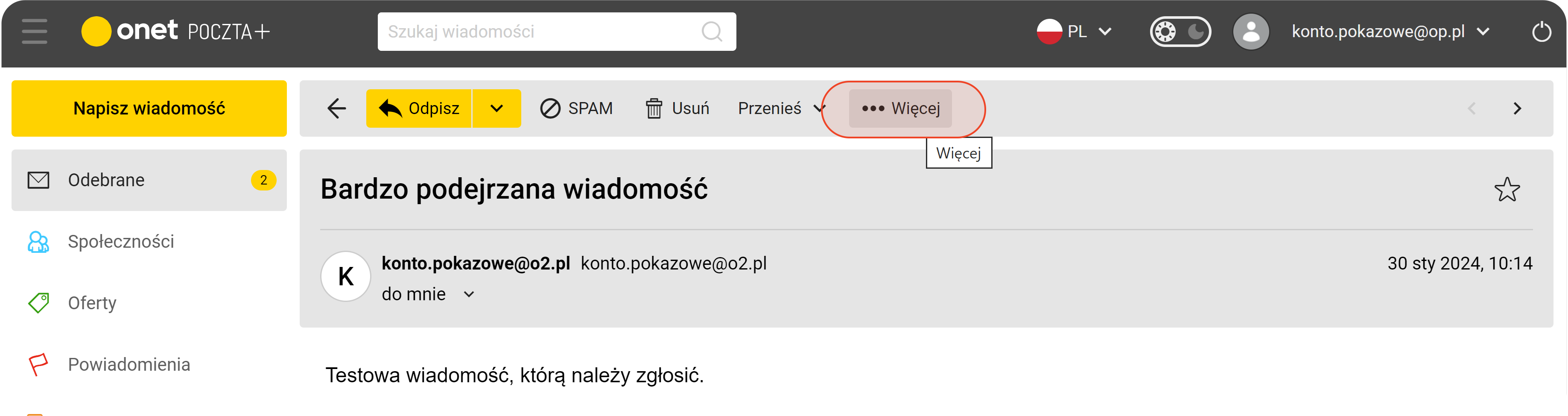 Menu Więcej w poczcie Onet