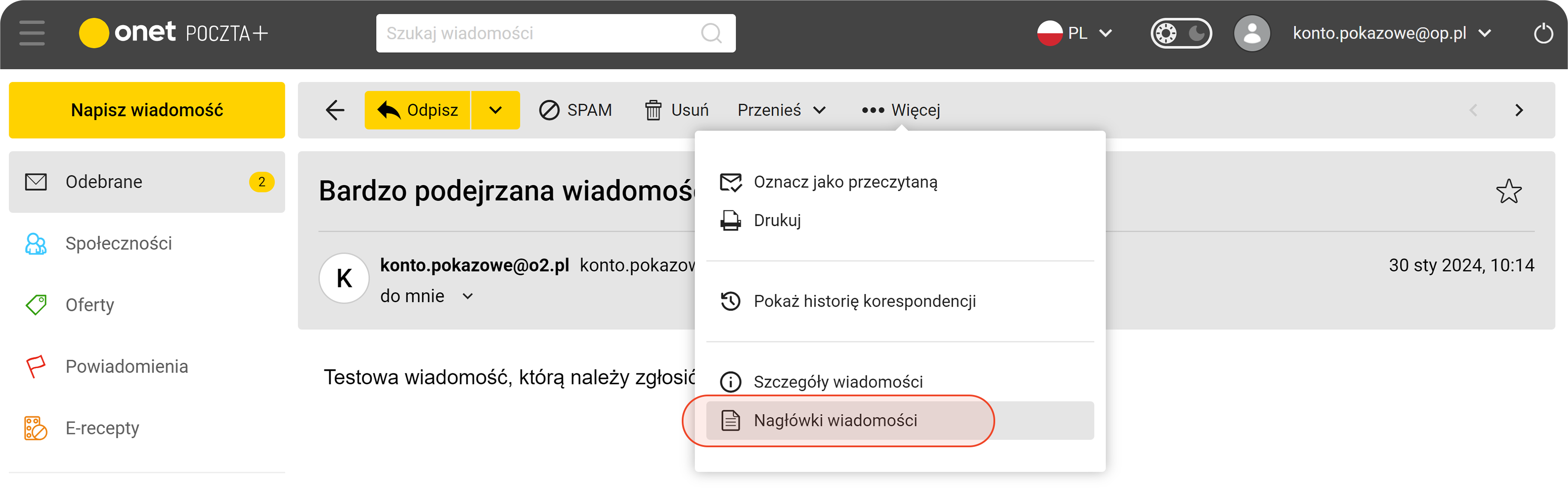 Opcja Wyświetl nagłówki wiadomości