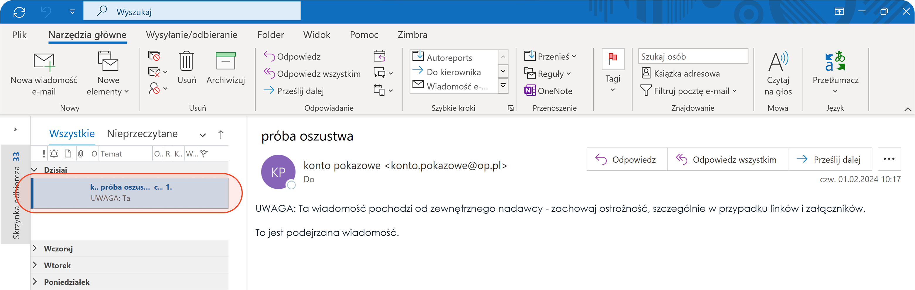 Otwarta wiadomość w programie Microsoft Outlook