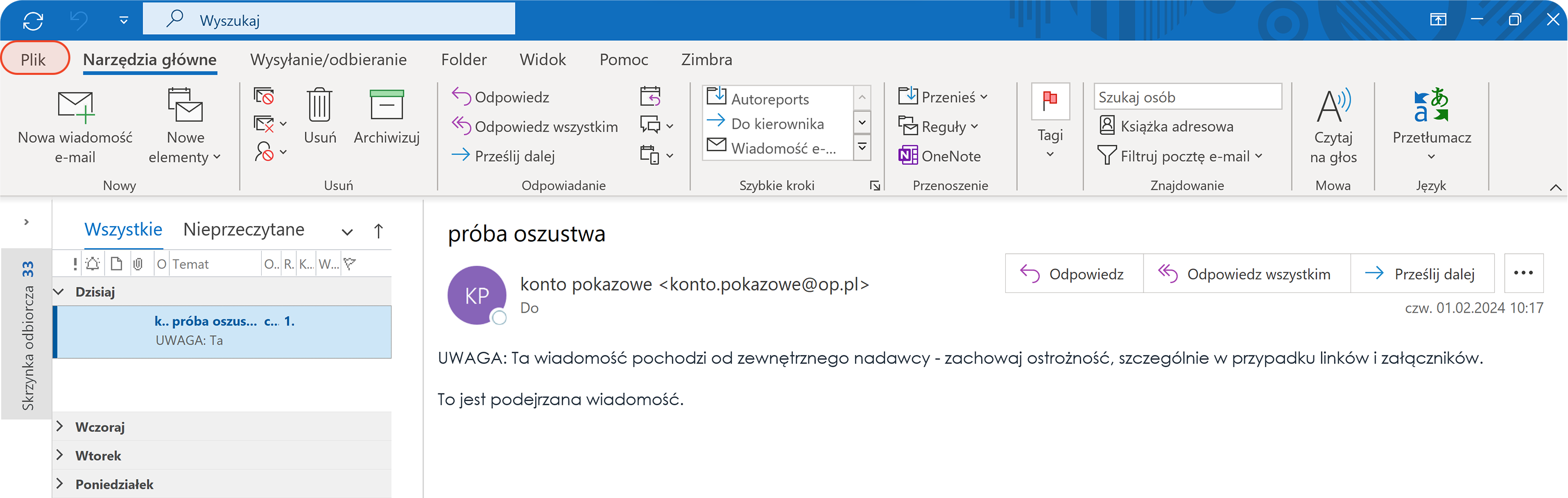 Menu Plik w programie Microsoft Outlook