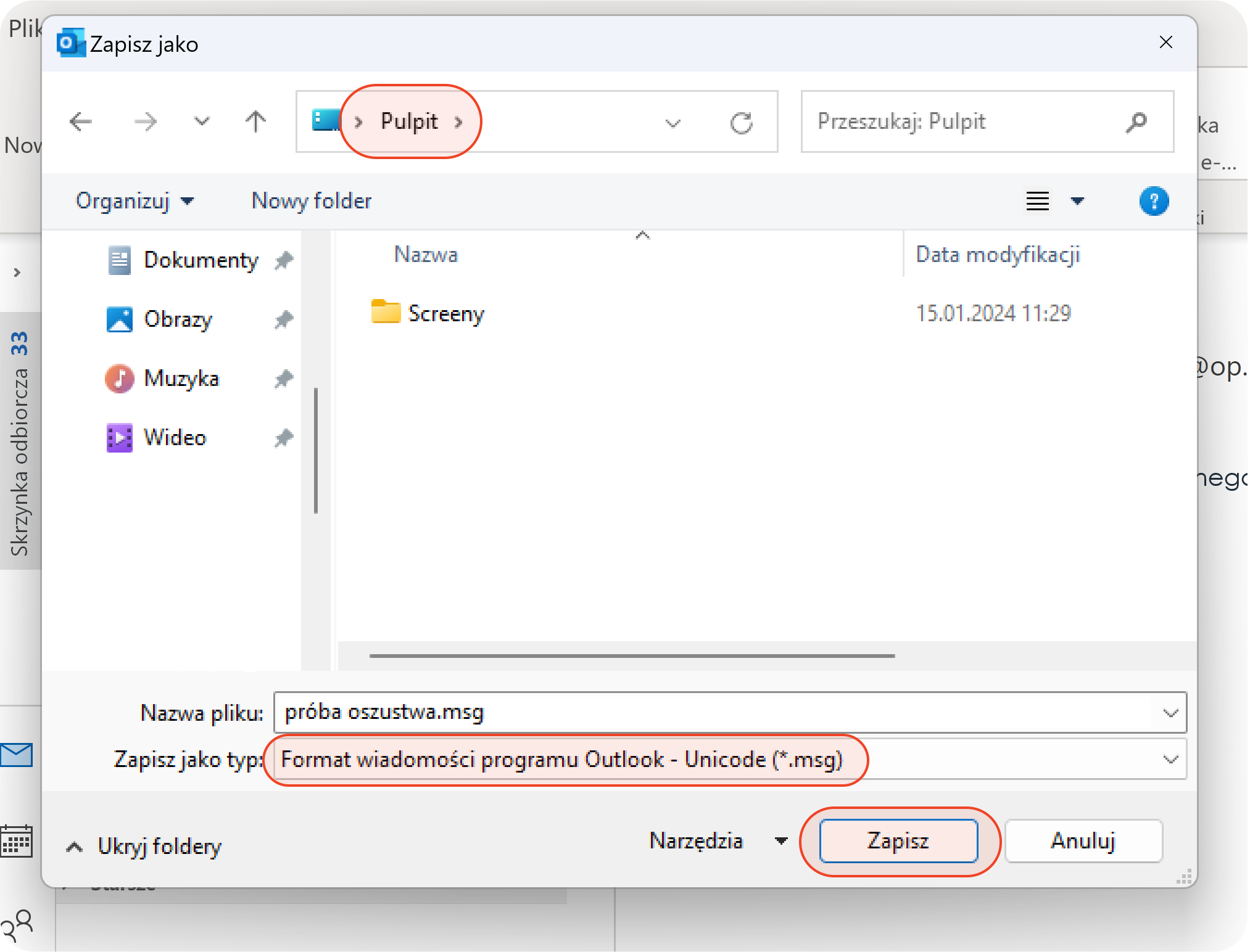 Okno zapisywania wiadomości programu Microsoft Outlook