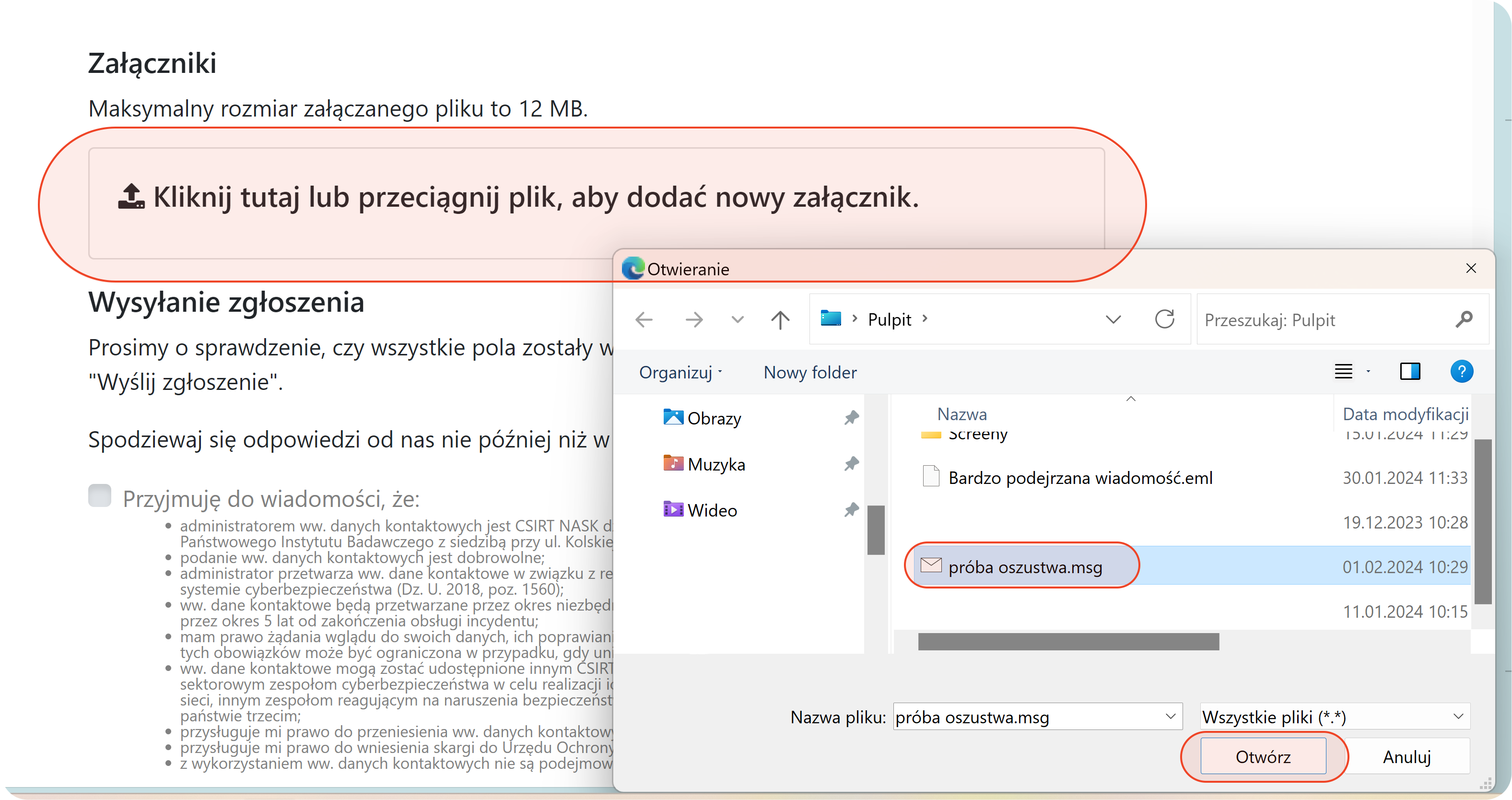 Dołączanie zapisanego pliku do formularza