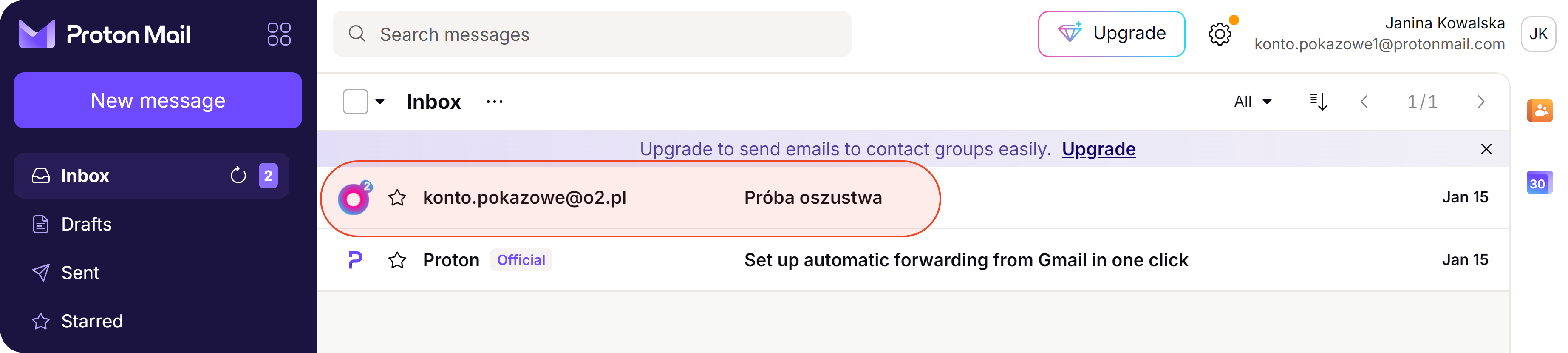 Otwarta wiadomość w ProtonMailu