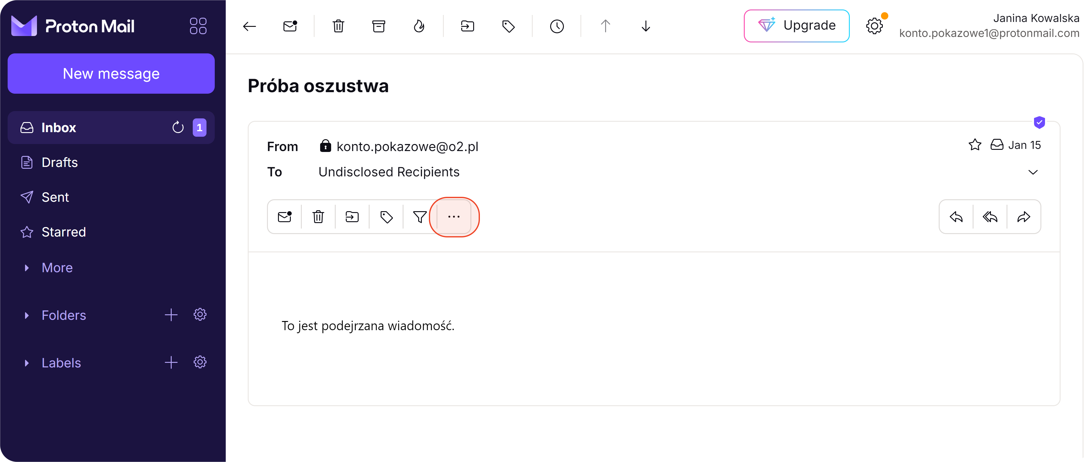 Menu wiadomości w ProtonMailu
