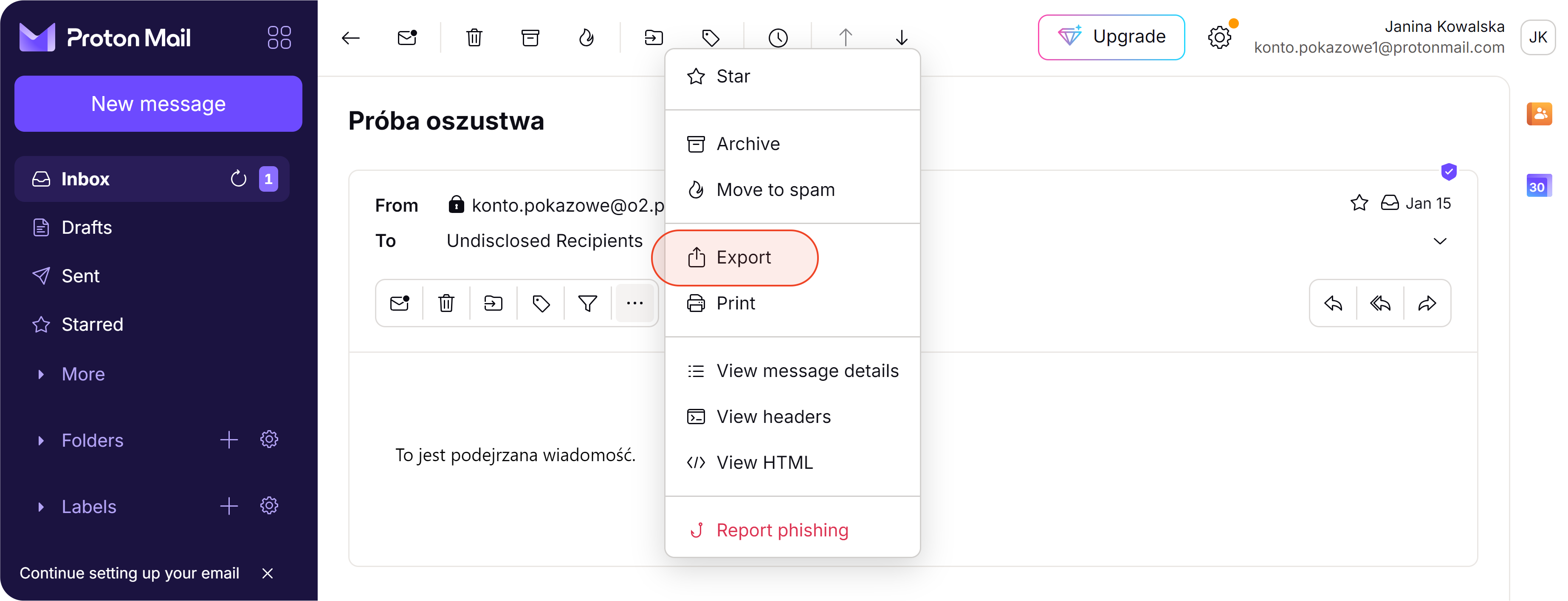 Opcja Export w ProtonMailu