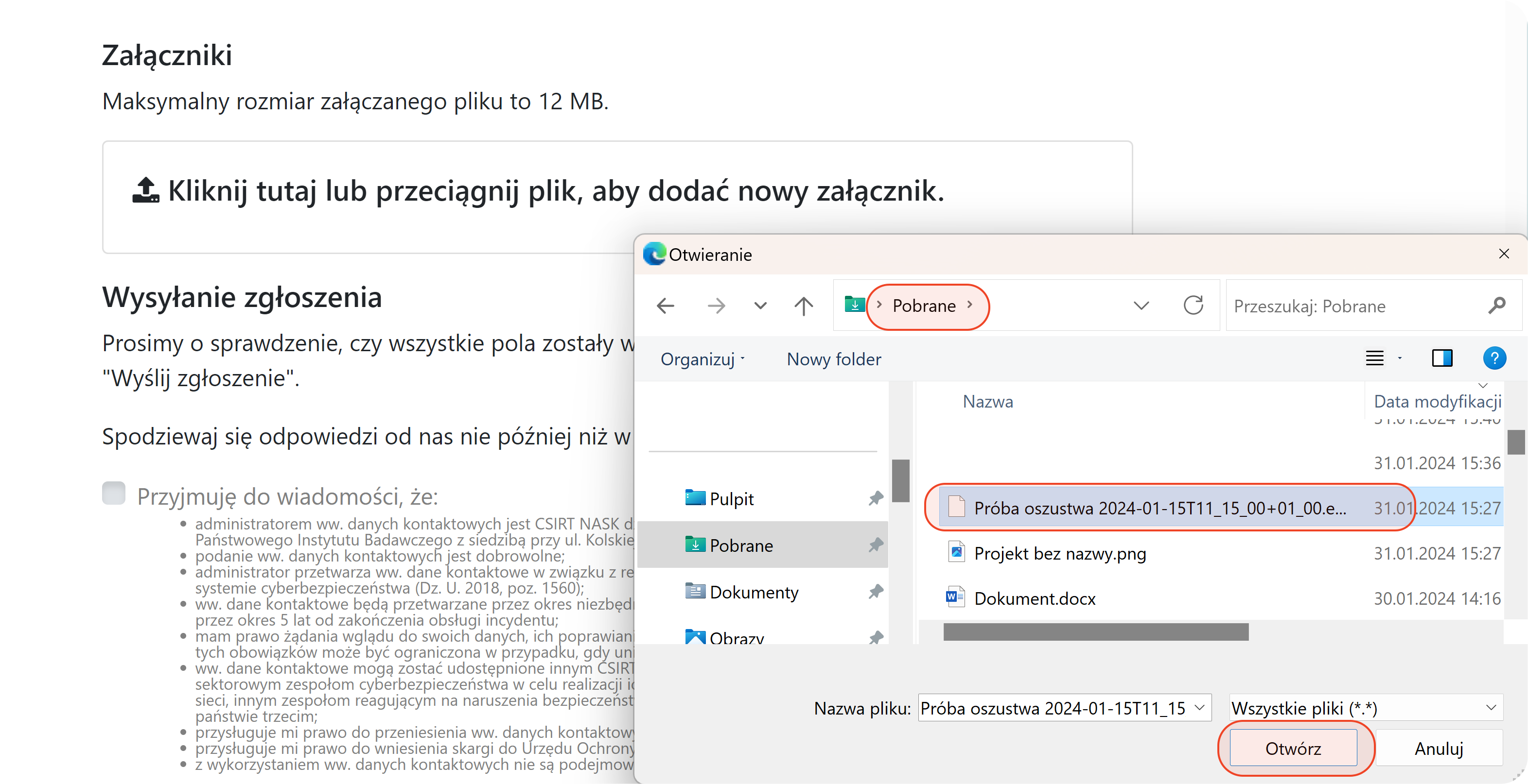 Dołączanie zapisanego pliku do formularza