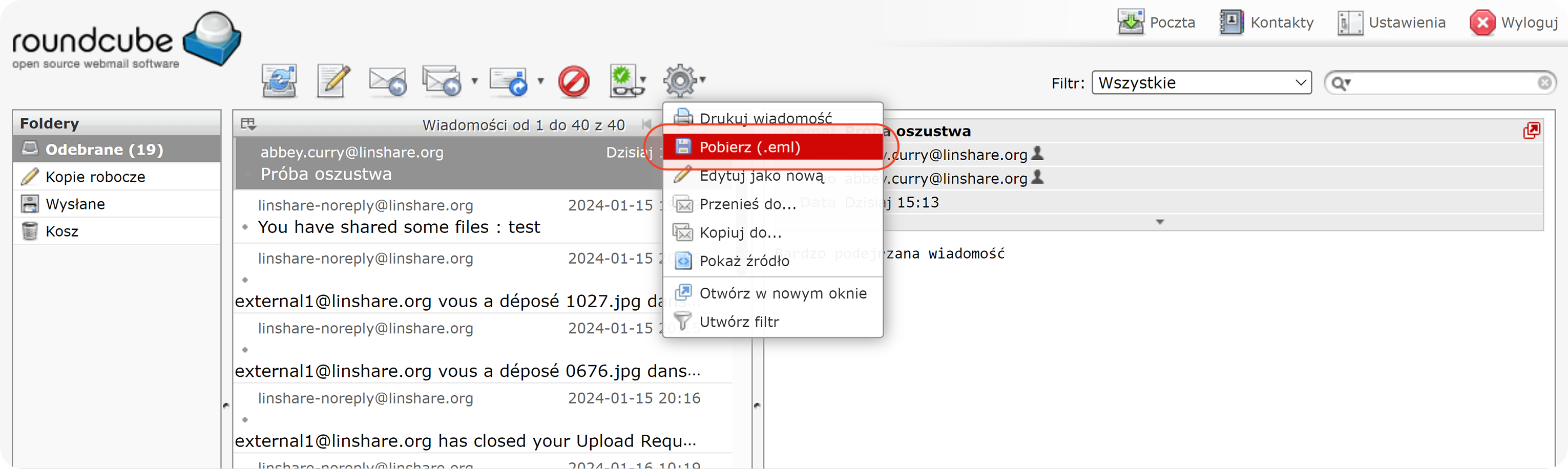 Opcja Pobierz EML w Roundcube