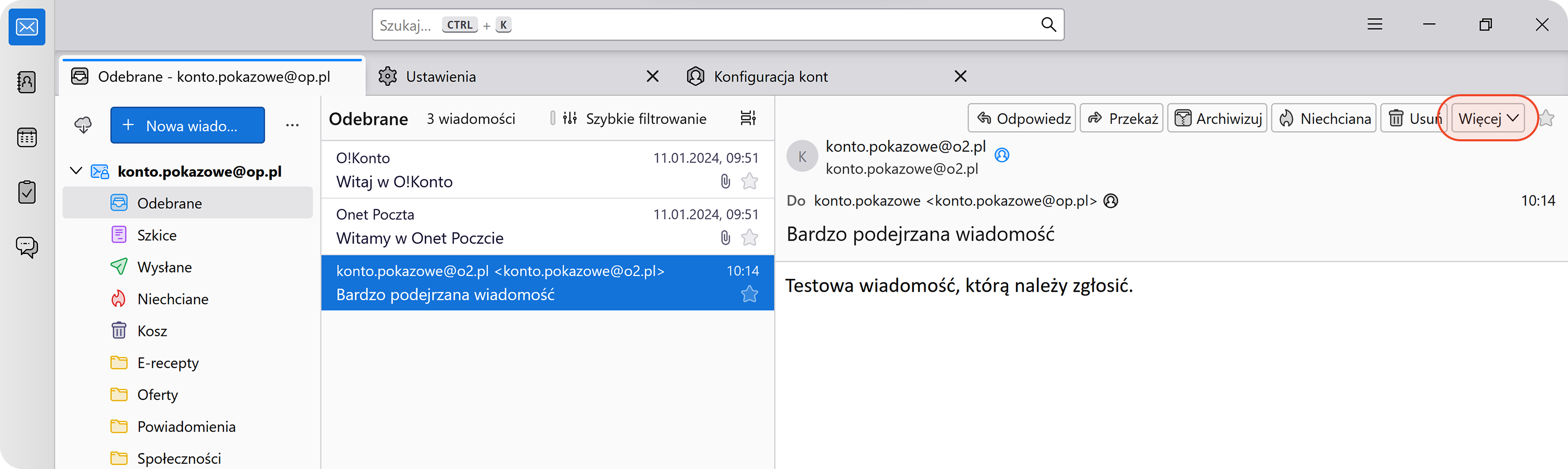 Menu Więcej w programie Thunderbird