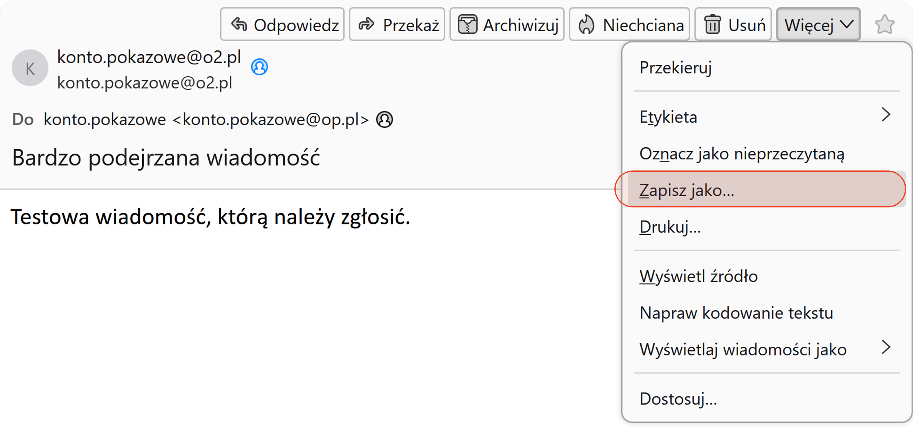 Opcja Zapisz jako w programie Thunderbird