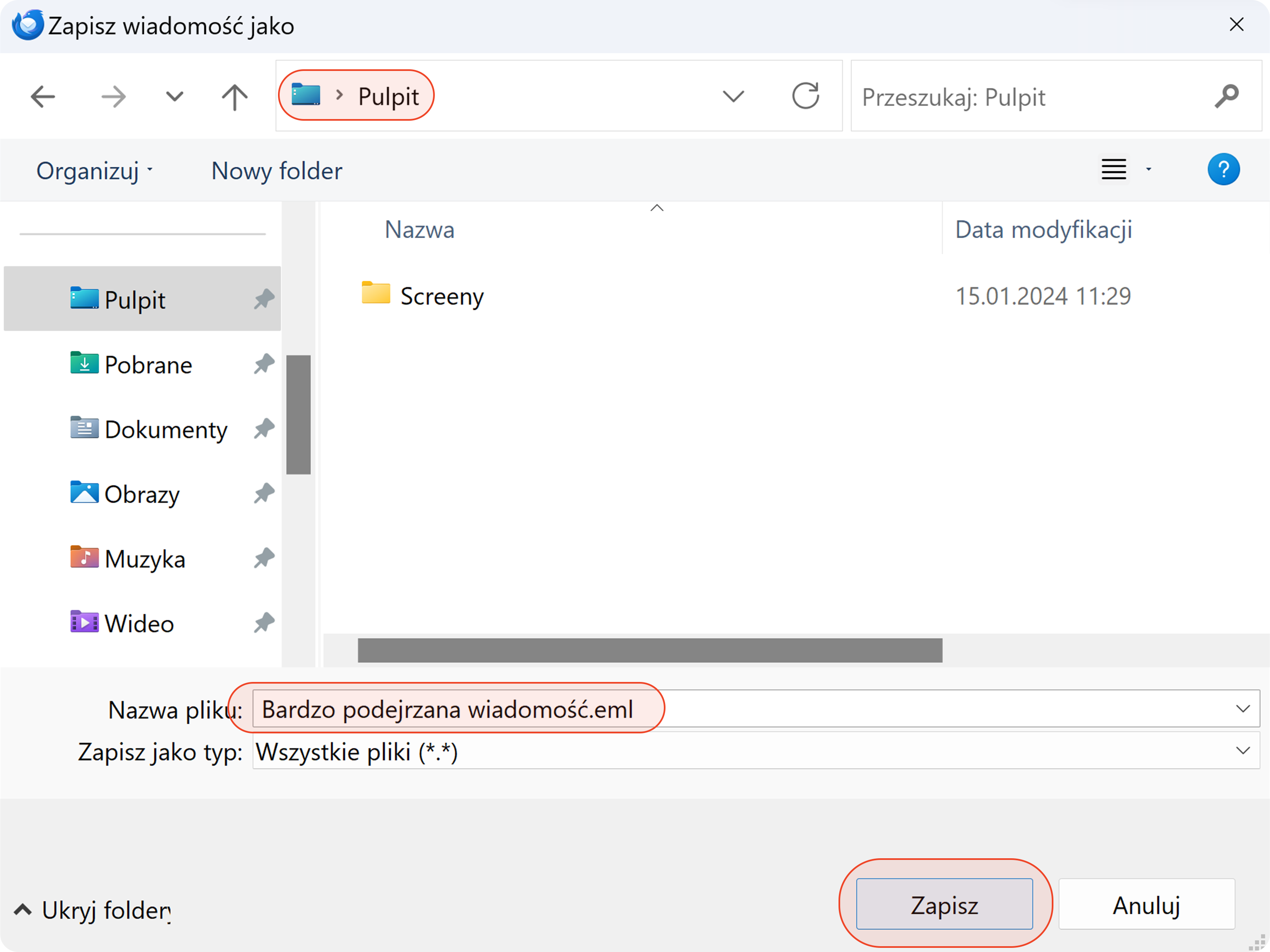 Zapisywanie wiadomości z programu Thunderbird