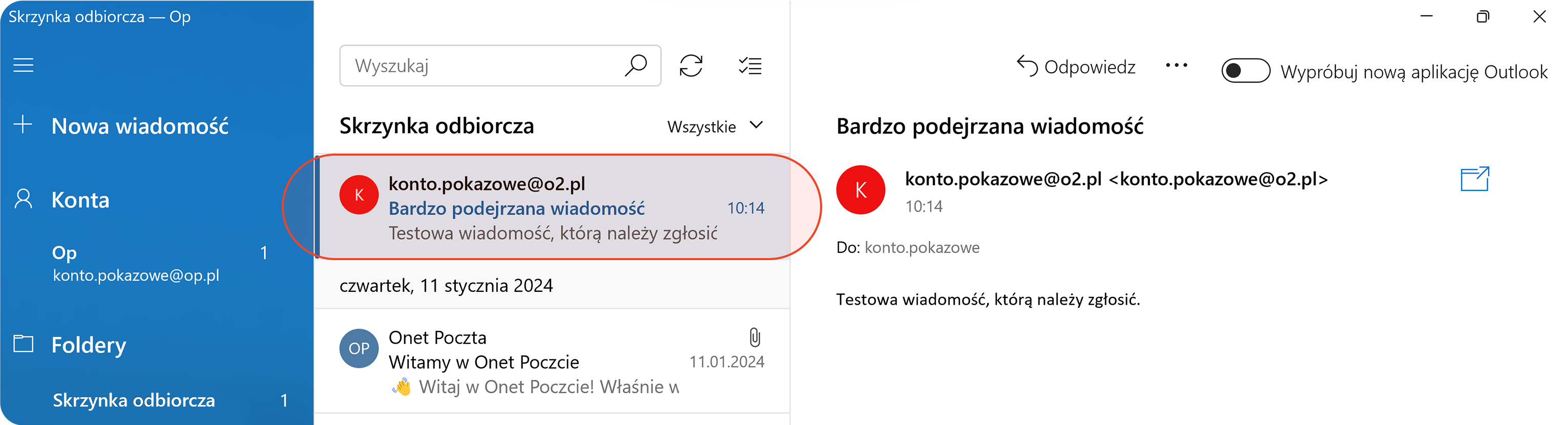 Otwarta wiadomość w aplikacji Poczta systemu Windows