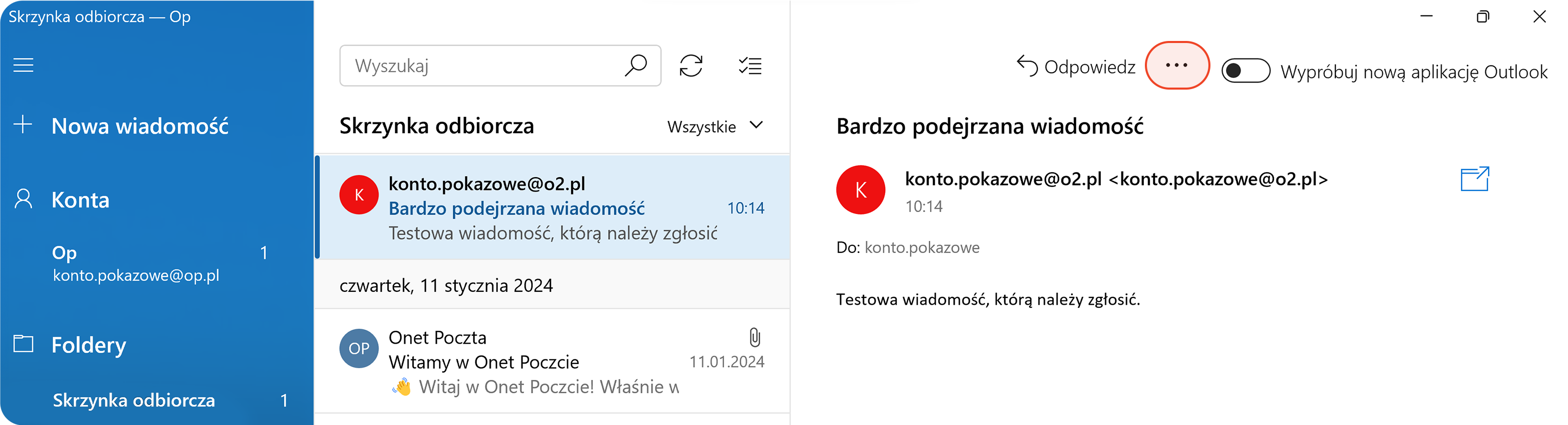 Menu wiadomości w aplikacji Poczta systemu Windows