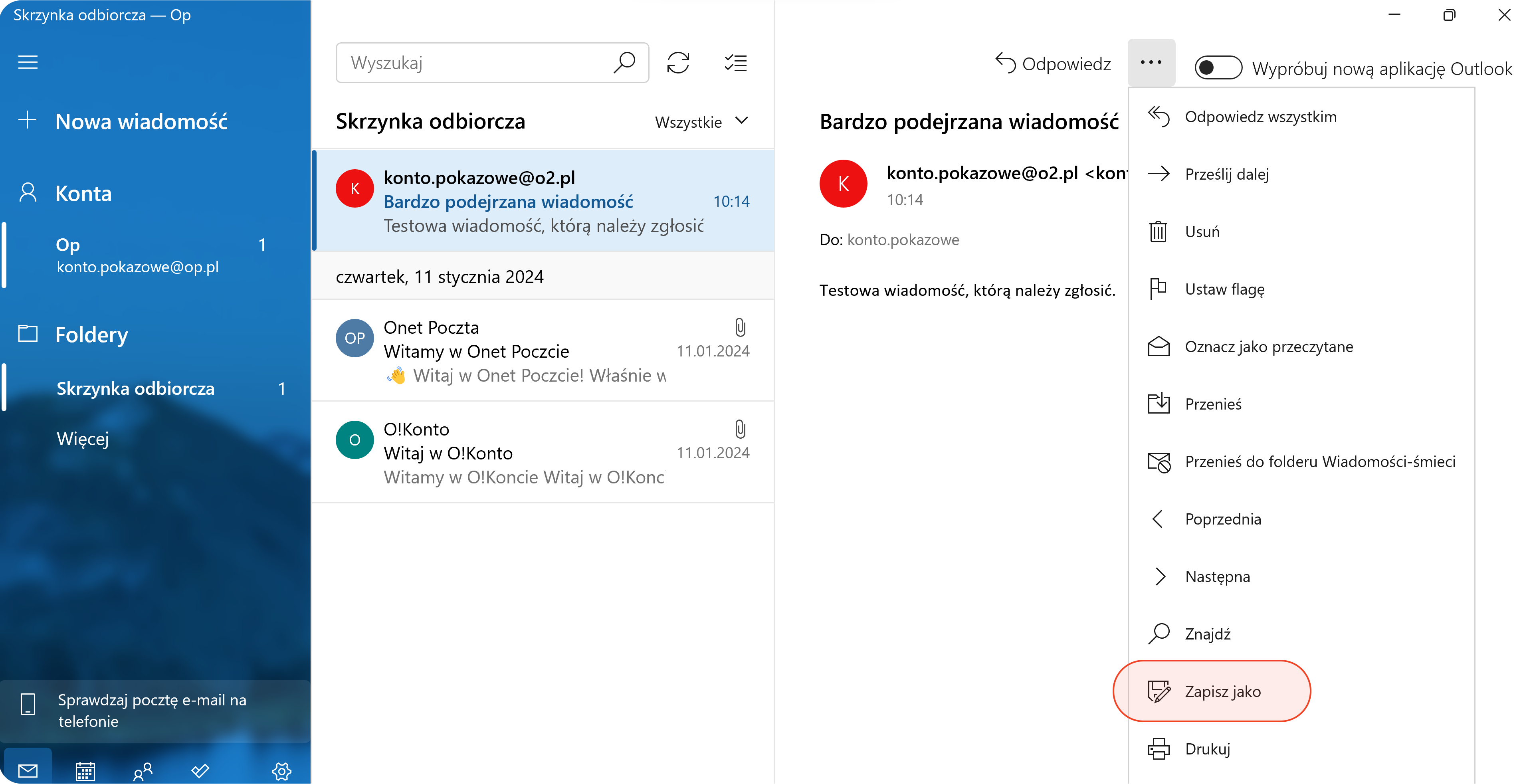 Opcja Zapisz jako w aplikacji Poczta systemu Windows