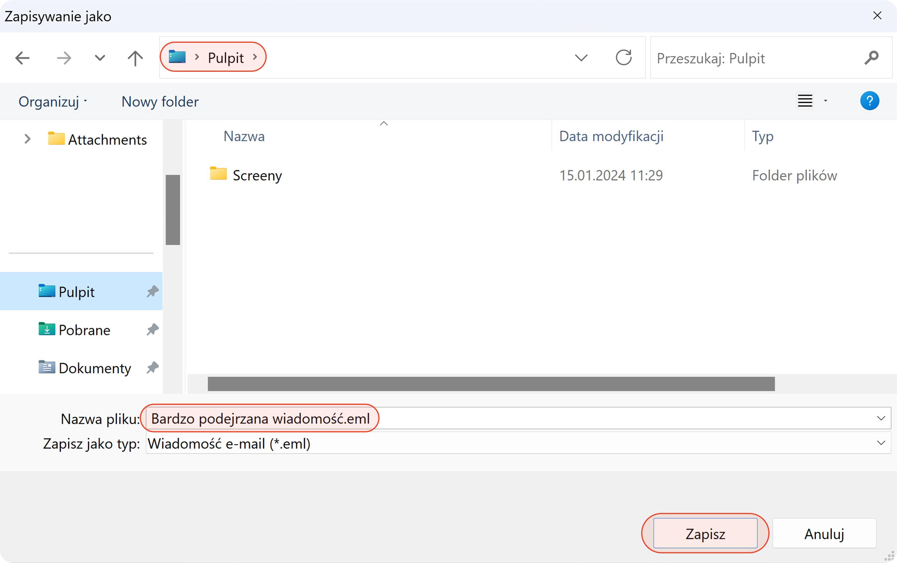 Zapisywanie wiadomości z aplikacji Poczta systemu Windows