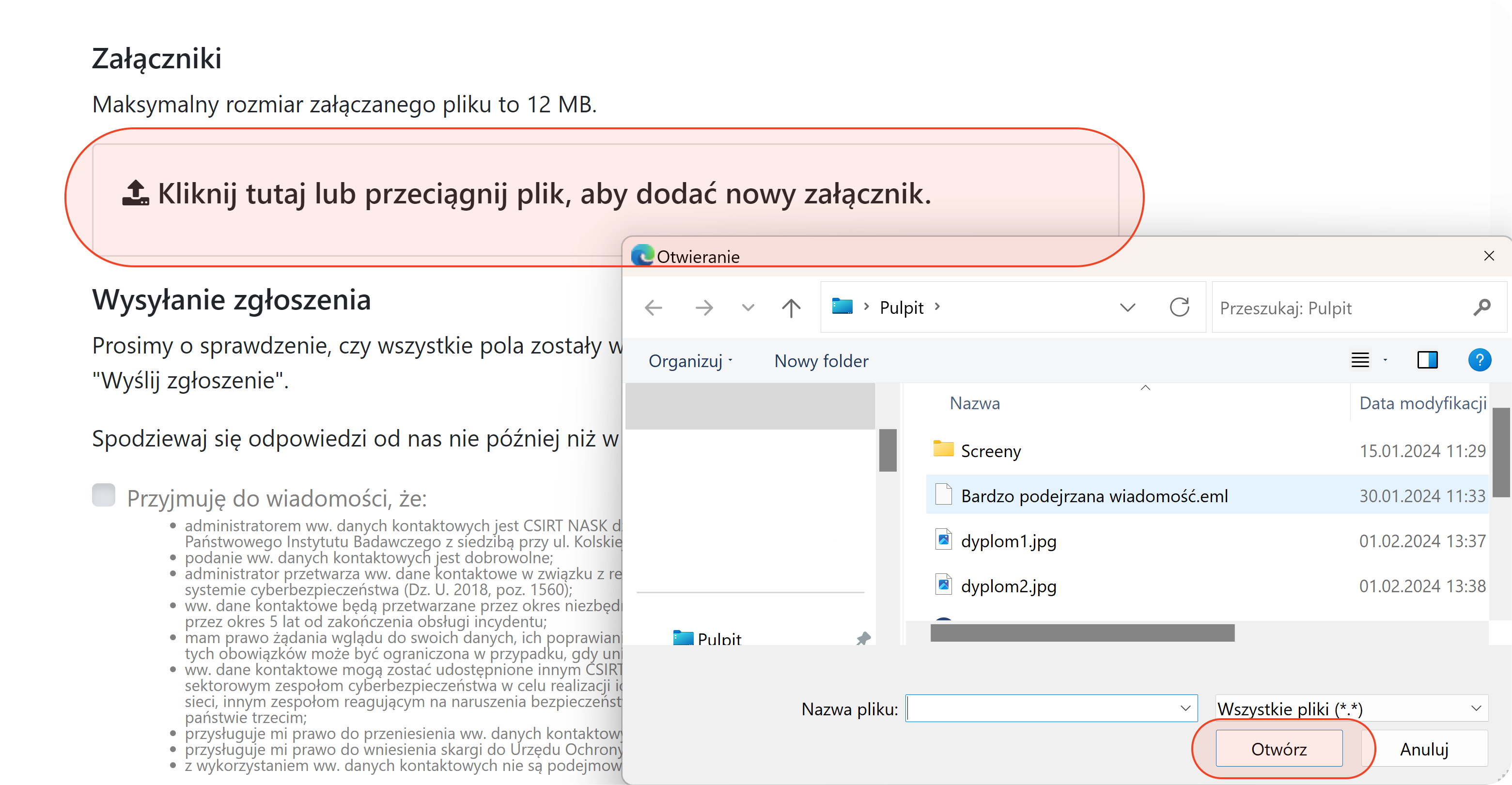 Dołączanie zapisanego pliku do formularza