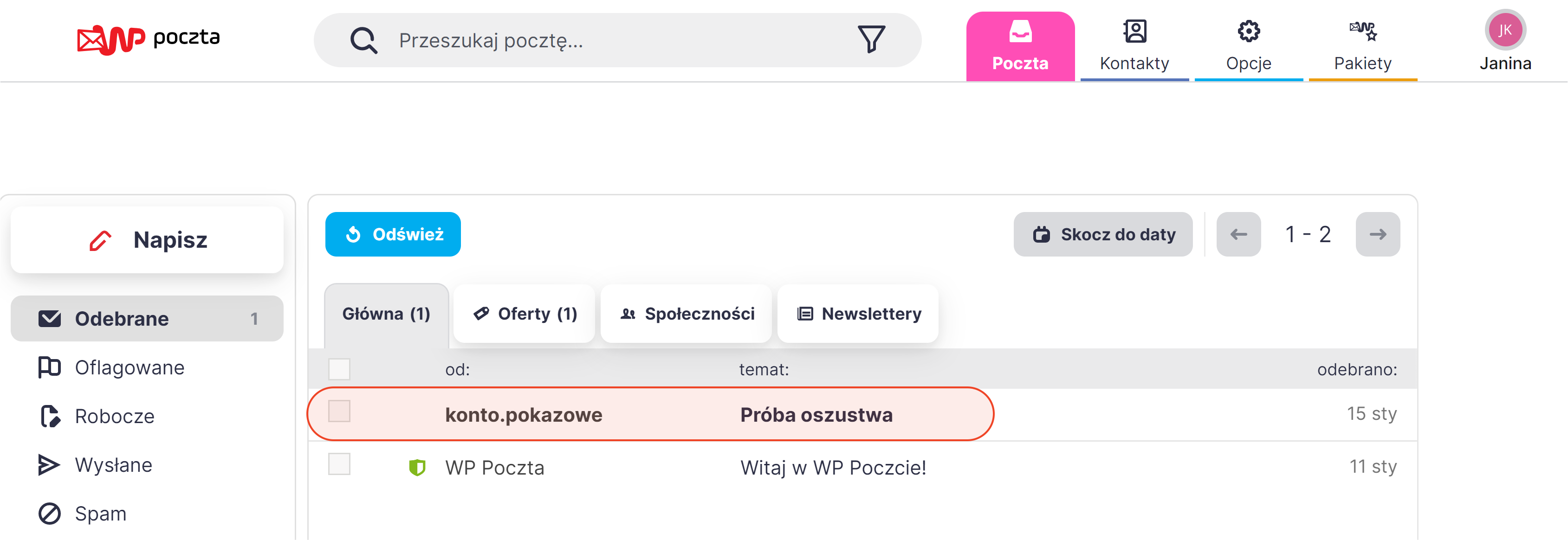 Otwarta wiadomość w poczcie WP