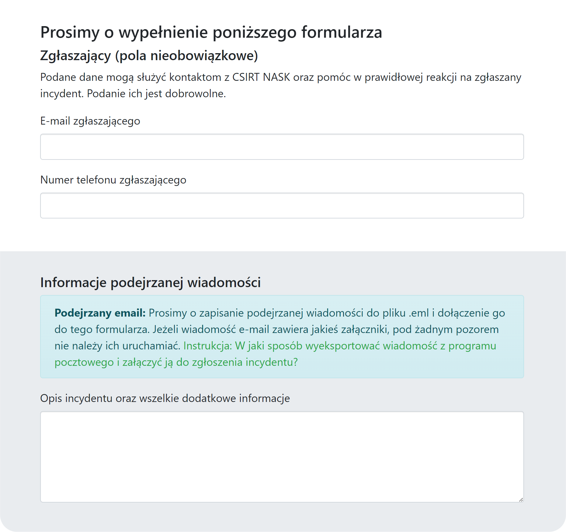 Formularz zgłoszenia podejrzanej wiadomości